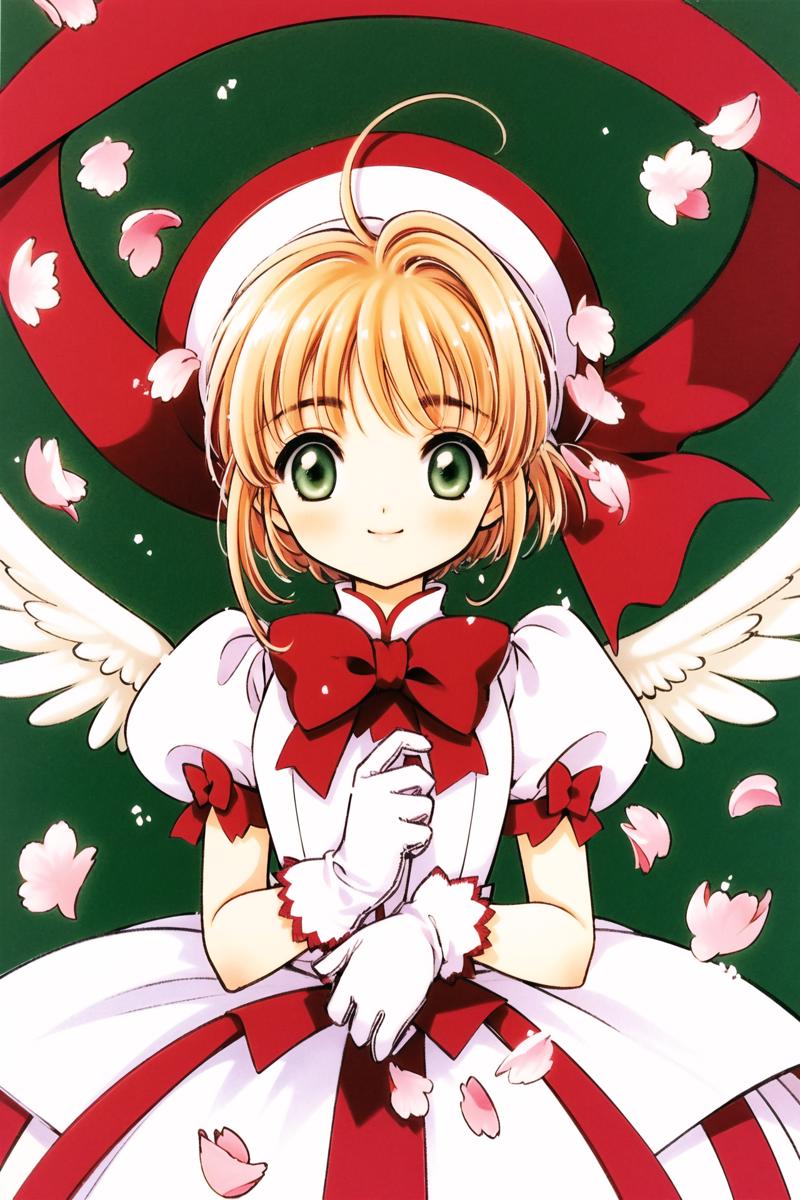 17411-1503039516-1girl, brown hair, kinomoto sakura, hat, gloves, dress, green eyes, white gloves, kero, wings, magical girl, bow, short hair, sh.png